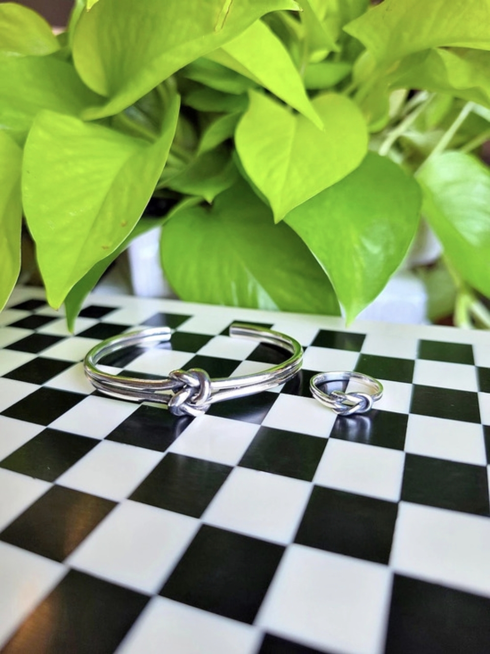Vintage Sterling Silver 925 Heavy Knot Bracelet Cuff And Knot Ring Set